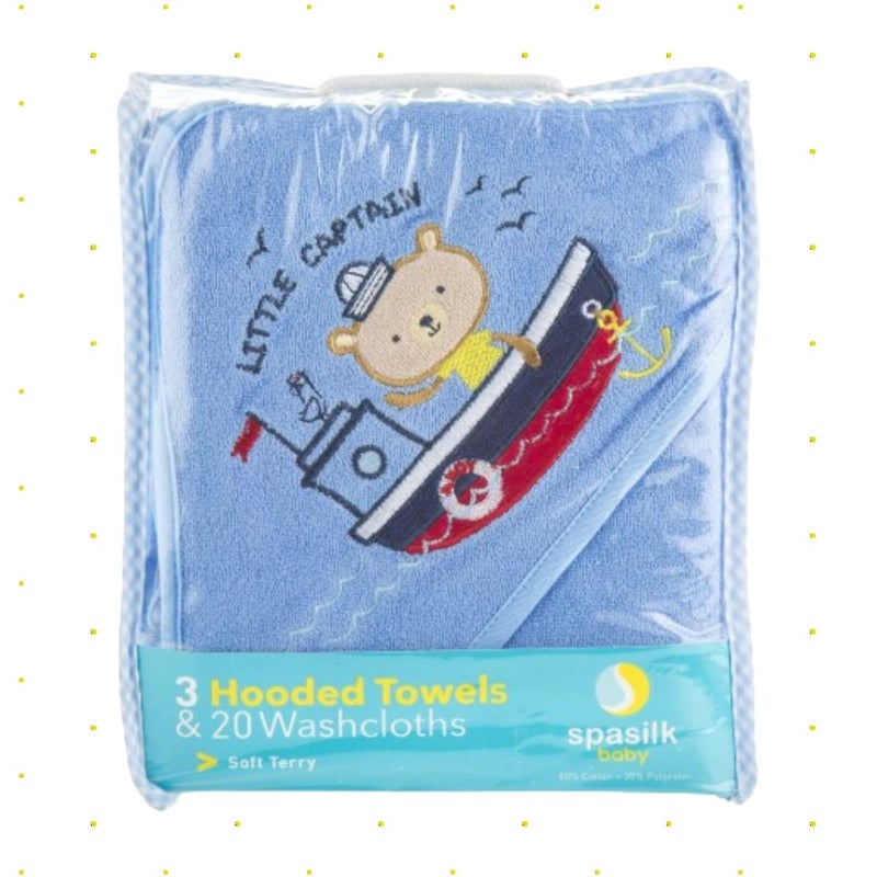 Spasilk 23-Piece Soft Terry Hooded Bath Towel and Washcloth Set, 3 Baby Towels and 20 Baby Washcloths for Newborn Boys and Girls, Navy Nautical - Image 3
