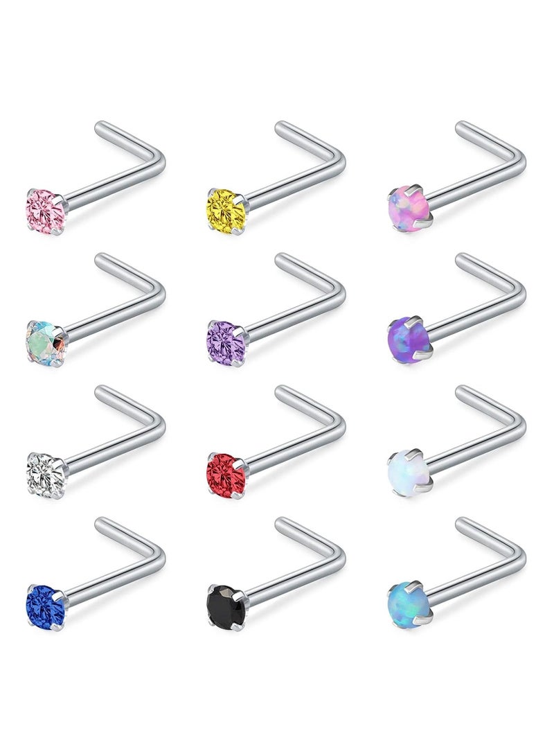 SYOSI 20G Titanium Nose Studs Set - Elegant Opal CZ L-Shaped Nose Rings for Women's Nostril Piercing Jewelry (12 PCS) - Image 1
