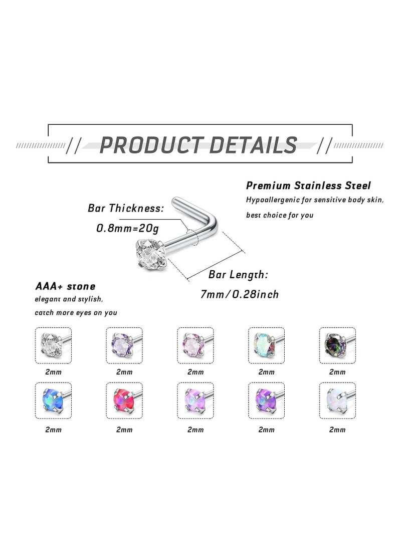 SYOSI 20G Titanium Nose Studs Set - Elegant Opal CZ L-Shaped Nose Rings for Women's Nostril Piercing Jewelry (12 PCS) - Image 2