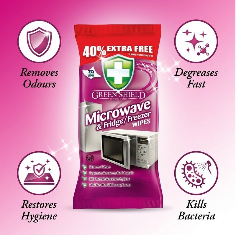 Greenshield Green Shield Microwave, Fridge & Freezer Cleaning Wipes 70 Large Wipes (40% Extra Free) – Removes Odours, Cuts Grease, Kills Bacteria, Kitchen Appliance Cleaner for Microwave, Refrigerator & Freezer - Image 2