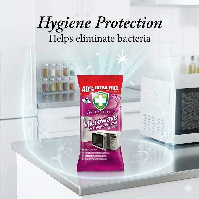 Greenshield Green Shield Microwave, Fridge & Freezer Cleaning Wipes 70 Large Wipes (40% Extra Free) – Removes Odours, Cuts Grease, Kills Bacteria, Kitchen Appliance Cleaner for Microwave, Refrigerator & Freezer - Image 5