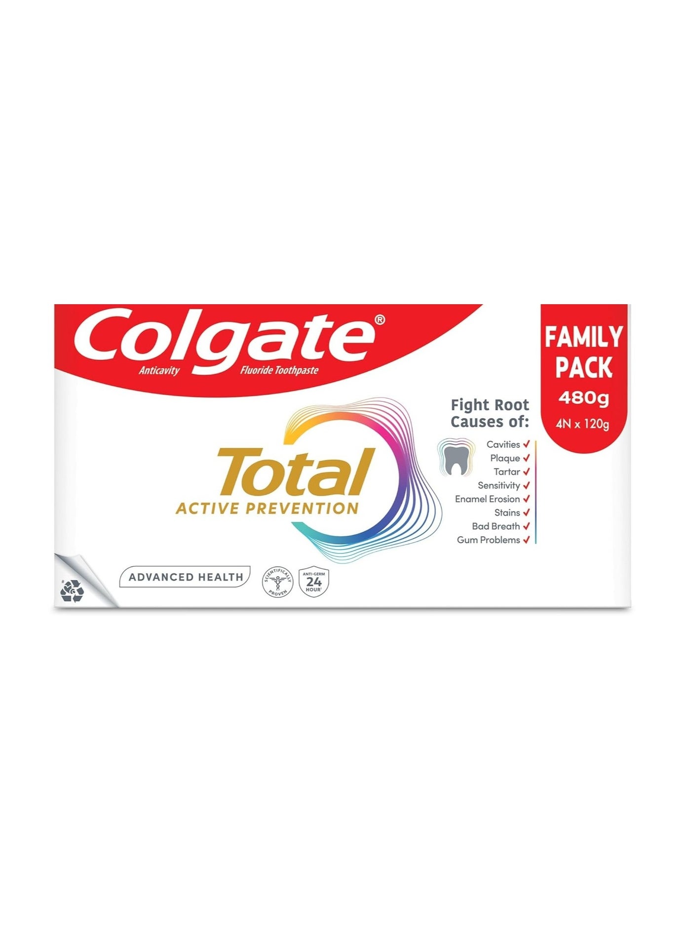 Colgate Total Advanced Health Anti-germ Toothpaste, 480g (120G*4), Tooth Paste with 12-Hour Anti-Germ Protection & Enamel Protection for Whole Mouth Health