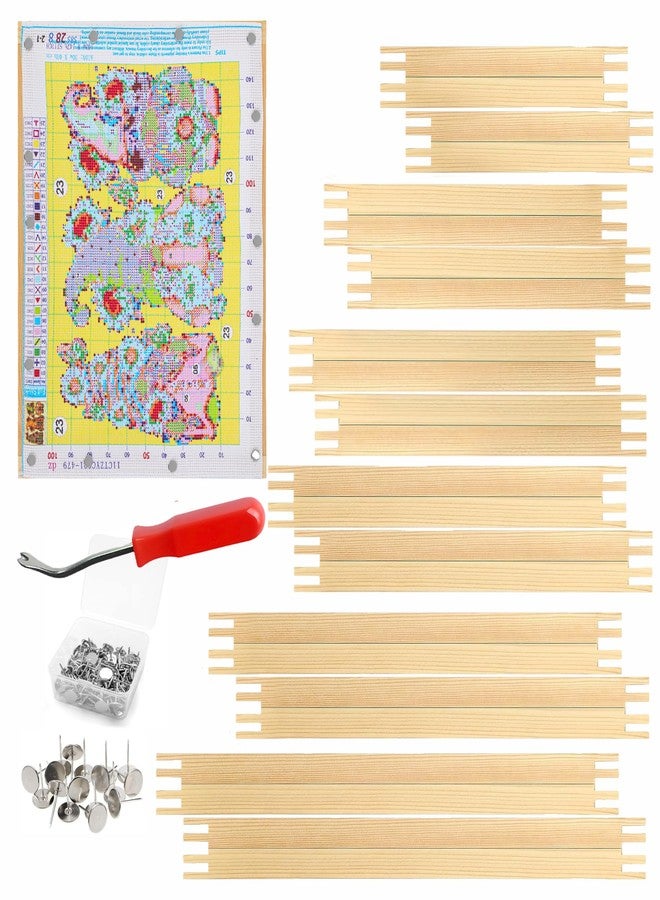 Yeeyeah 16 Pcs 8 Sets Stretcher Bars for Needlework 6 Sizes Wooden Canvas Stretcher Bars with 80 Thumb Tacks and Tacks Remover for Needlepoint Embroidery Stitch Frame Set Bundle with Crafts - Image 1