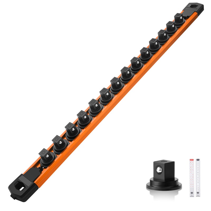 Reniteco Magnetic Socket Organizer 14 Drive Aluminum Alloy Socket Rail Heavy Duty Magnetic Socket Holder with 14PC 360 Swivel Removable Clips Magnetic Socket Rack for Tool Box Drawer Orange - Image 3