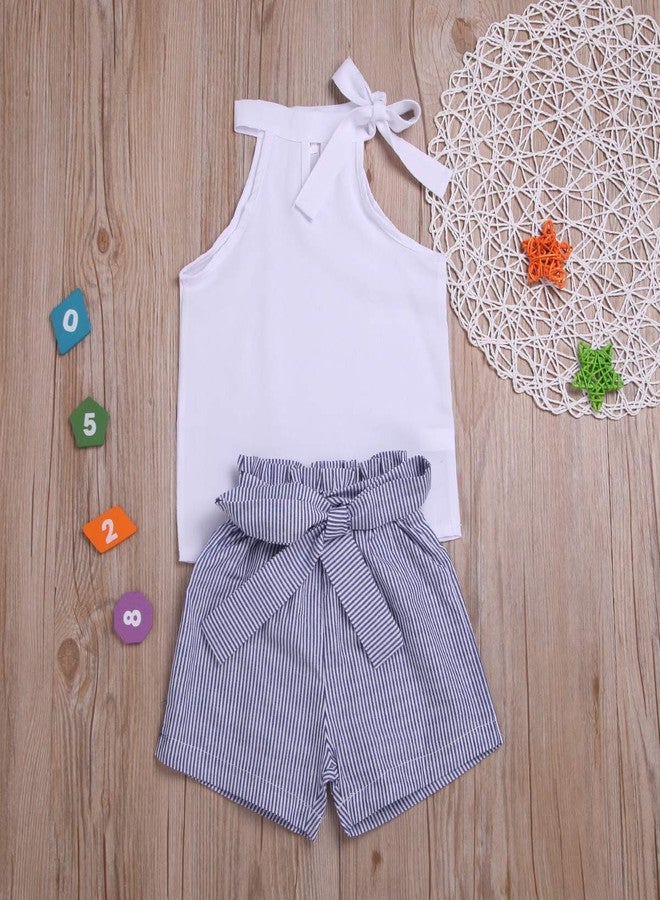 BOIZONTY Toddler Baby Girl Sleeveless White Tank Top Shirts+Gray Stripe Shorts Pant with Bow Belt+Headband Summer Clothes Set 1-6T (White, 2-3 Years) - Image 3
