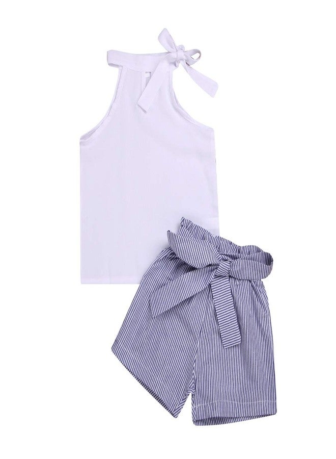 BOIZONTY Toddler Baby Girl Sleeveless White Tank Top Shirts+Gray Stripe Shorts Pant with Bow Belt+Headband Summer Clothes Set 1-6T (White, 2-3 Years) - Image 1