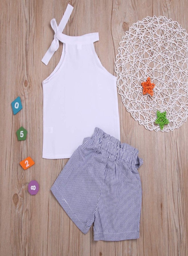 BOIZONTY Toddler Baby Girl Sleeveless White Tank Top Shirts+Gray Stripe Shorts Pant with Bow Belt+Headband Summer Clothes Set 1-6T (White, 2-3 Years) - Image 4