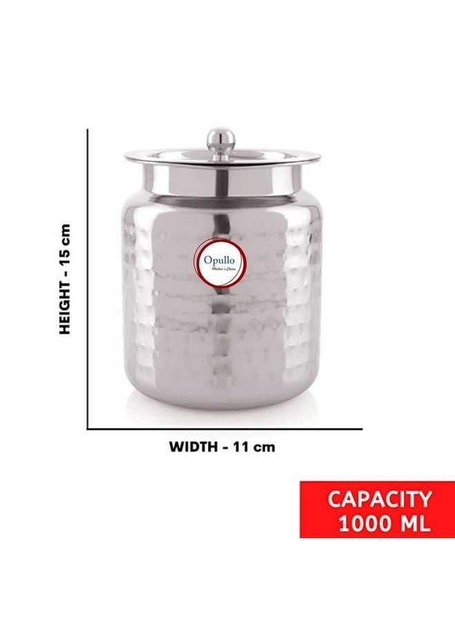 Opullo Stainless Steel Ghee Pot with Spoon | Oil Containers For Kitchen | Ghee Container with Spoon 1000 Ml Hammered Finish - Image 4