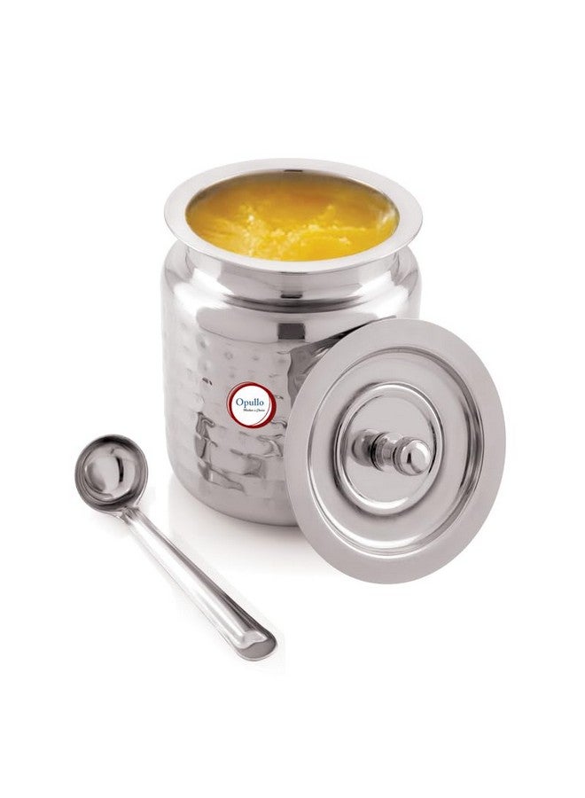 Opullo Stainless Steel Ghee Pot with Spoon | Oil Containers For Kitchen | Ghee Container with Spoon 1000 Ml Hammered Finish - Image 1