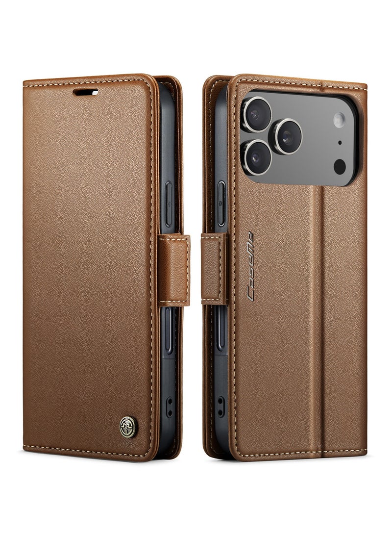 CaseMe Phone Case Luxury PU Leather Design Anti Fingerprint 023 Flip Cover Card Slot Holder Cover For IPhone 17 Pro Max (Brown) - Image 1