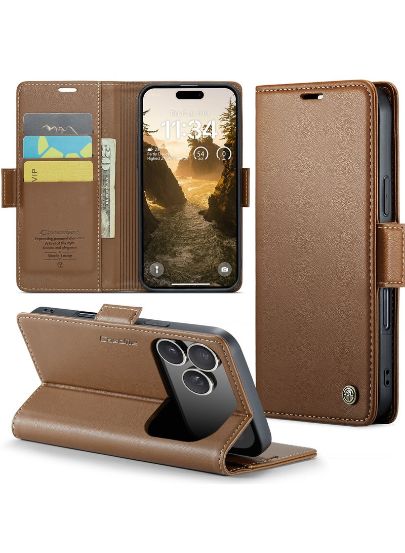 CaseMe Phone Case Luxury PU Leather Design Anti Fingerprint 023 Flip Cover Card Slot Holder Cover For IPhone 17 Pro Max (Brown) - Image 2