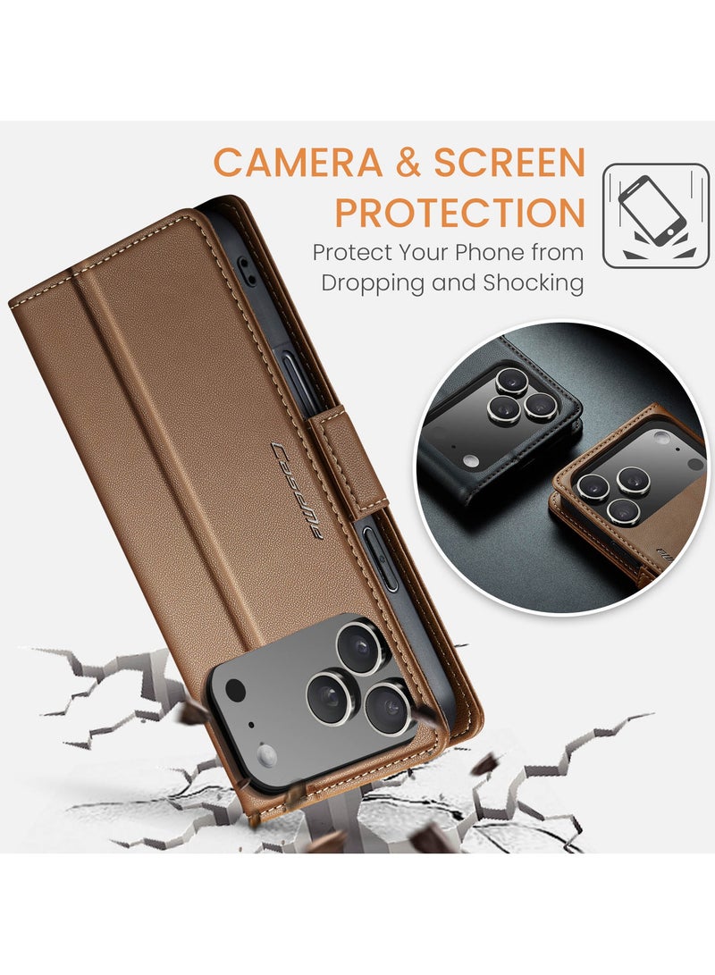 CaseMe Phone Case Luxury PU Leather Design Anti Fingerprint 023 Flip Cover Card Slot Holder Cover For IPhone 17 Pro Max (Brown) - Image 4