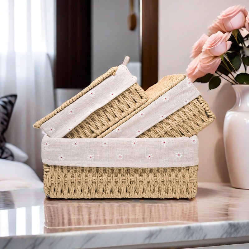 GIB cleaningtool GIB Small Wicker Storage Baskets with Lids and Liner, Rectangular Paper Rope Woven Baskets for Organizing, Decorative Boxes Boho Decor for Shelves Table Desktop Makeup Organizer, Set of 3 - Image 4