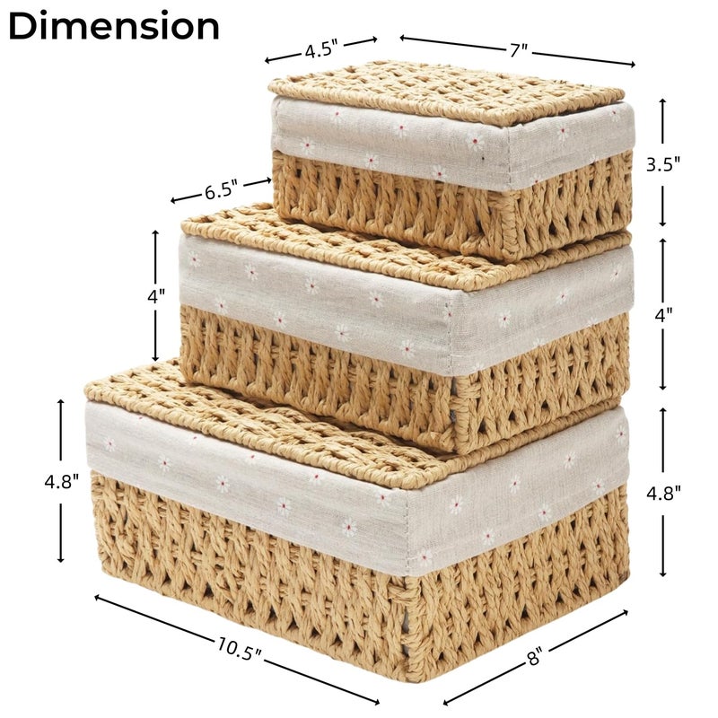 GIB cleaningtool GIB Small Wicker Storage Baskets with Lids and Liner, Rectangular Paper Rope Woven Baskets for Organizing, Decorative Boxes Boho Decor for Shelves Table Desktop Makeup Organizer, Set of 3 - Image 2