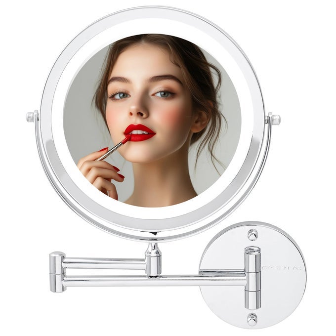 9 LIGHTED WALL MOUNT MAKEUP MIRROR WITH 1X10X MAGNIFICATION CORDLESS DOUBLE SIDED MAGNIFYING ROUND VANITY MIRROR 360 SWIVEL DESIGN EXTENDABLE AND FOLDING ARM POLISHED CHROME MFW85CH1X10X