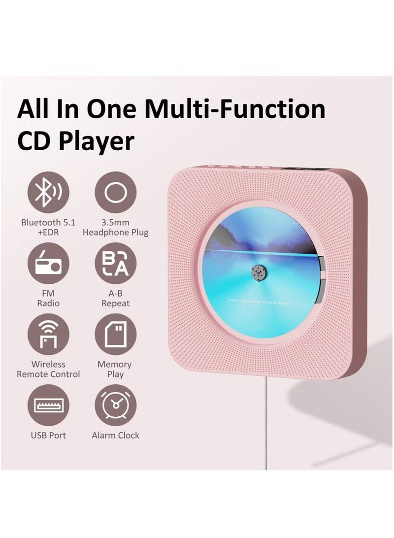 XiuWoo Retro Bluetooth CD Player - Portable & Wall-Mountable HiFi Music System with Remote Control | Plays CDs/USB/TF/FM Radio | Perfect for Kpop, Kids, Gift Giving (Includes Sleep Timer & AUX Input), Pink - Image 5