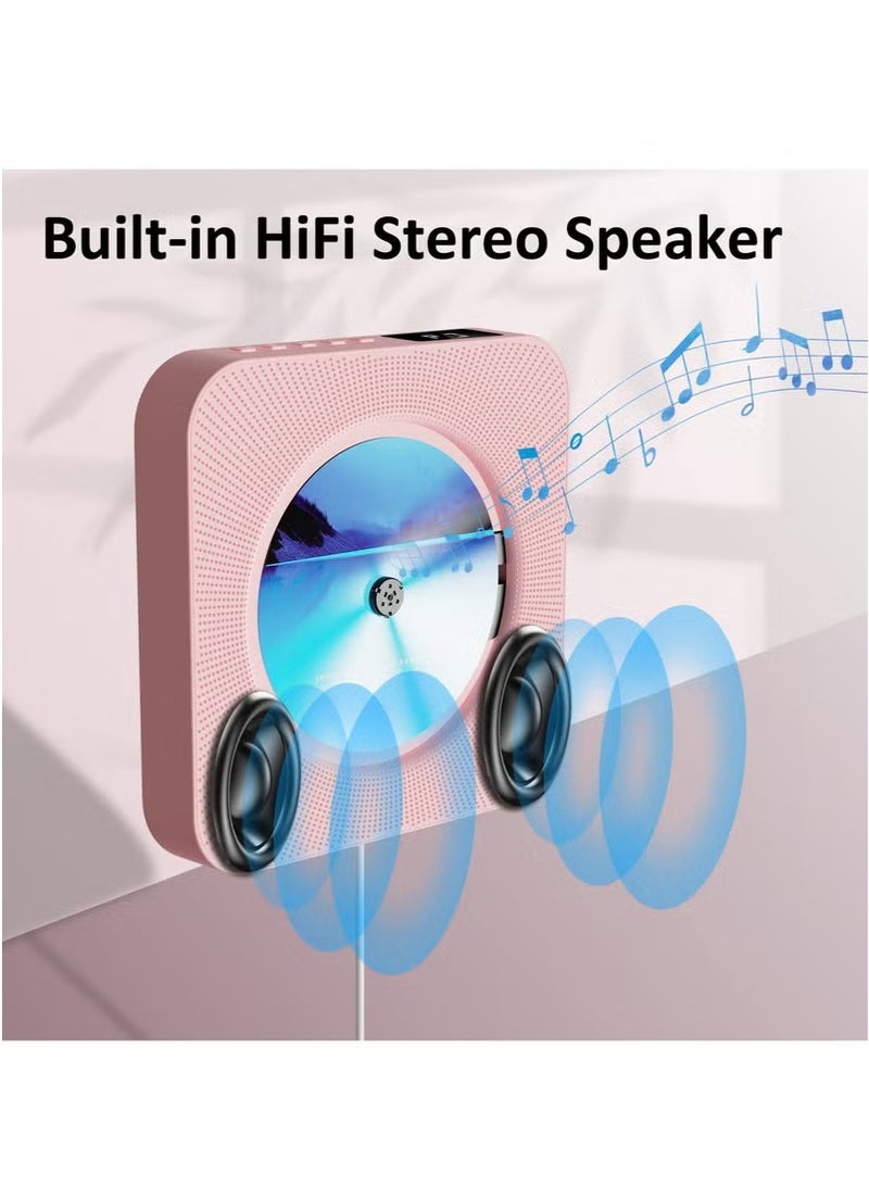 XiuWoo Retro Bluetooth CD Player - Portable & Wall-Mountable HiFi Music System with Remote Control | Plays CDs/USB/TF/FM Radio | Perfect for Kpop, Kids, Gift Giving (Includes Sleep Timer & AUX Input), Pink - Image 4