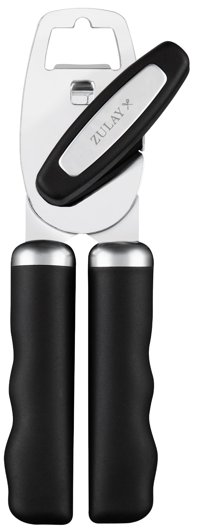 Zulay Kitchen Heavy Duty Stainless Steel Can Opener Manual with Bottle Opener Rust Proof Manual Can Opener With Turn Knob Comfy Soft Grip Handles Black