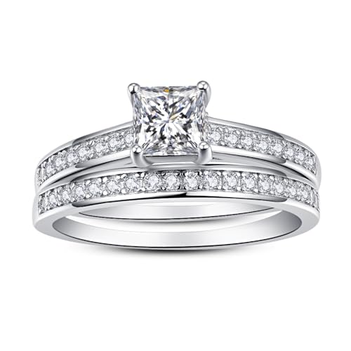 AVECON 1.35ct Princess Cut Engagement Ring White Gold Wedding Band Set for Women Cubic Zirconia Bridal Sets Size 8 - Image 2