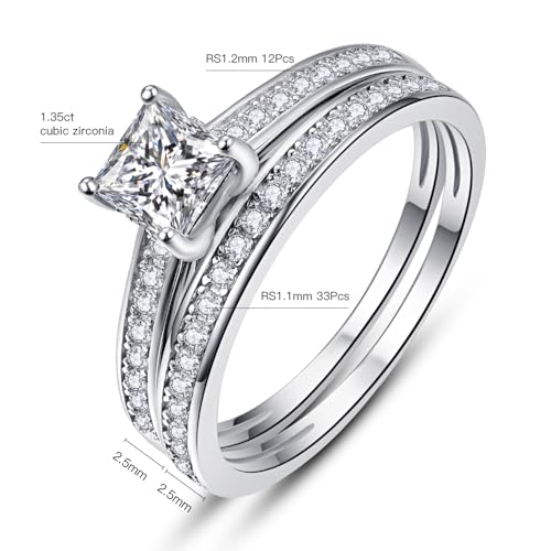 AVECON 1.35ct Princess Cut Engagement Ring White Gold Wedding Band Set for Women Cubic Zirconia Bridal Sets Size 8 - Image 5