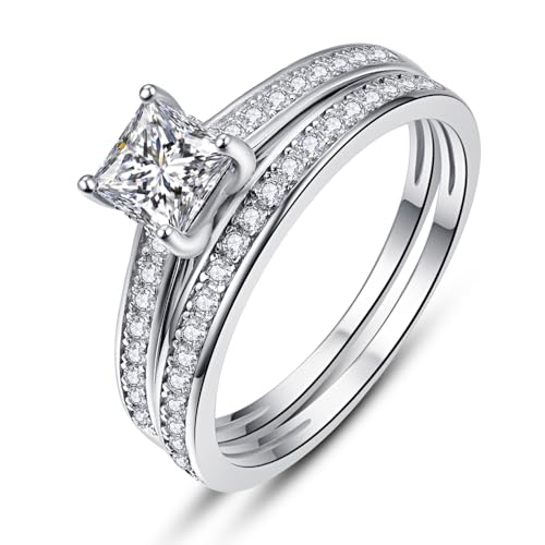 AVECON 1.35ct Princess Cut Engagement Ring White Gold Wedding Band Set for Women Cubic Zirconia Bridal Sets Size 8 - Image 1