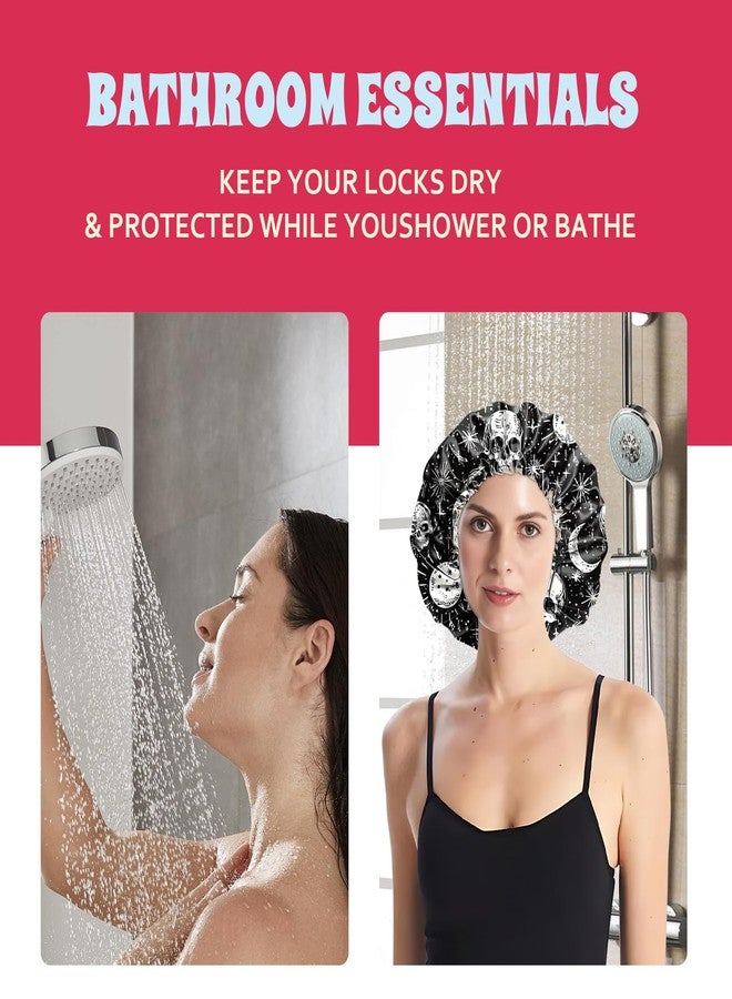 BHAHB Luxury Shower Cap Satin Lined Reusable Waterproof Double Layer Elastic Adjustable Hair Bath Cap Cute Aesthetic Women Girlss-Skull - Image 5