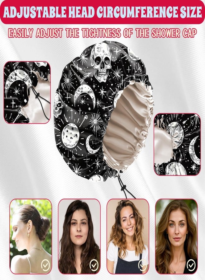 BHAHB Luxury Shower Cap Satin Lined Reusable Waterproof Double Layer Elastic Adjustable Hair Bath Cap Cute Aesthetic Women Girlss-Skull - Image 3
