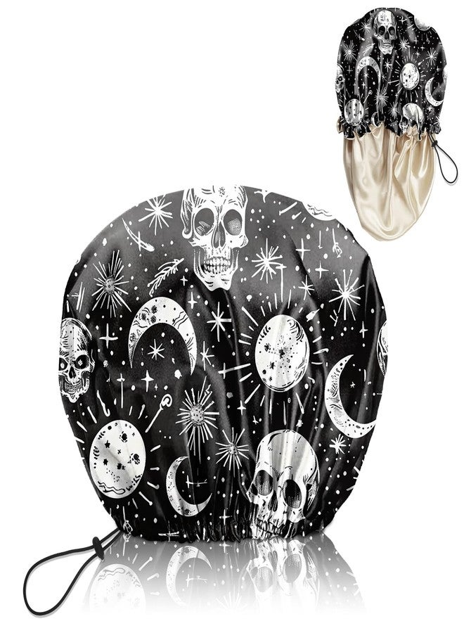 BHAHB Luxury Shower Cap Satin Lined Reusable Waterproof Double Layer Elastic Adjustable Hair Bath Cap Cute Aesthetic Women Girlss-Skull - Image 1