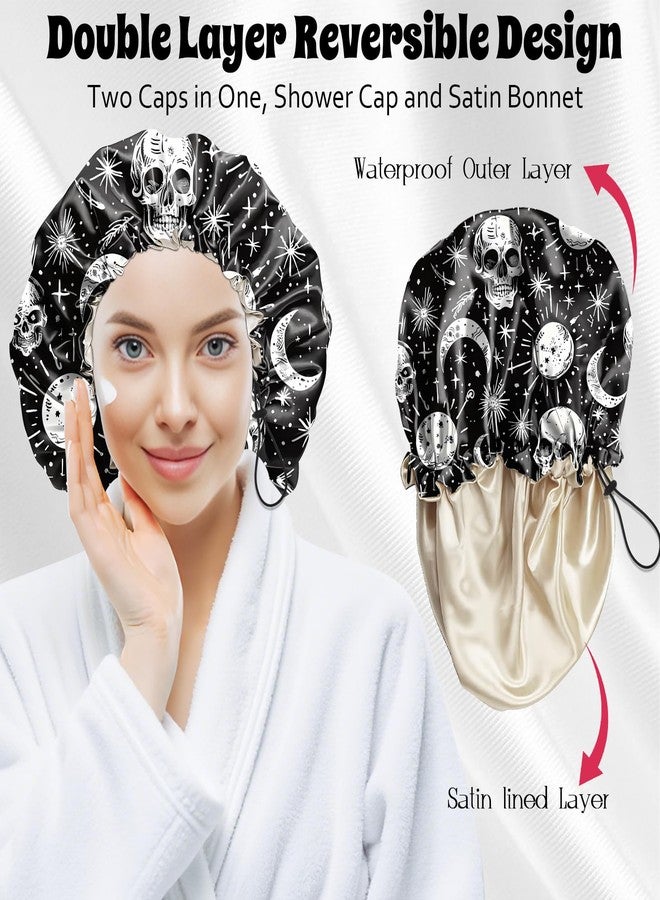BHAHB Luxury Shower Cap Satin Lined Reusable Waterproof Double Layer Elastic Adjustable Hair Bath Cap Cute Aesthetic Women Girlss-Skull - Image 4