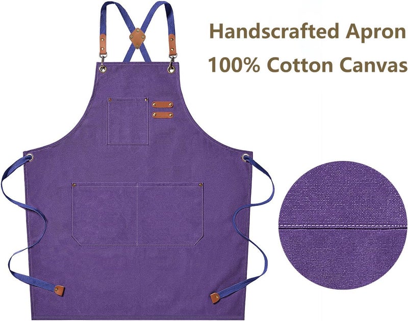 AFUN Chef Aprons for Men Women with Large Pockets, 16oz Cotton Canvas Cross Back Heavy Duty Work Apron (Purple) - Image 5