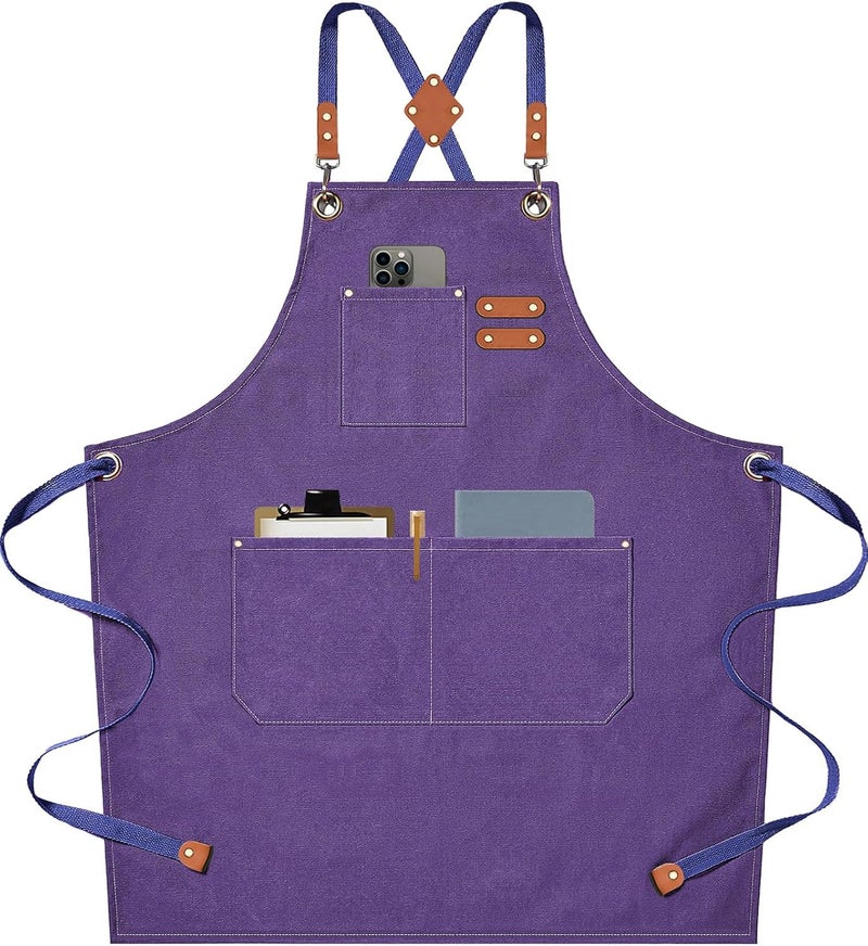 AFUN Chef Aprons for Men Women with Large Pockets, 16oz Cotton Canvas Cross Back Heavy Duty Work Apron (Purple) - Image 1