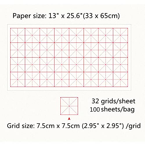 MEGREZ Chinese Calligraphy Xuan Paper Brush Writing Sumi Paper Xuan Paper Rice Paper with Grids for Students, Beginners Practice Kanji Japanese Calligraphy, 100 Sheets/Pack, 7.5cm/Grid - Image 2