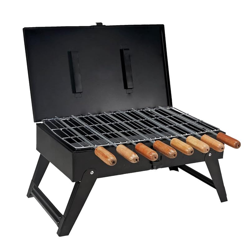 BRIGHTBERG BRIGHTBERG Heavy Weight Device Briefcase and Picnic Metal Grill Charcoal Barbecue for Home with Tong 8 Skewers 1 Steel Grill 1 Glove Free Charcoal Packet Black1 Year Warranty - Image 2