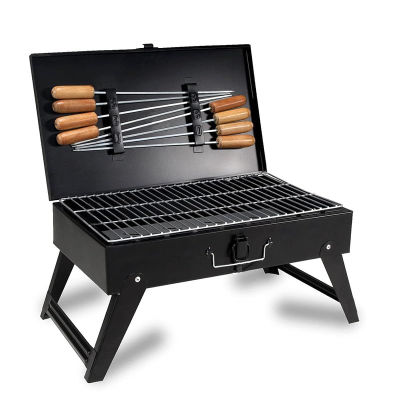 BRIGHTBERG BRIGHTBERG Heavy Weight Device Briefcase and Picnic Metal Grill Charcoal Barbecue for Home with Tong 8 Skewers 1 Steel Grill 1 Glove Free Charcoal Packet Black1 Year Warranty - Image 1
