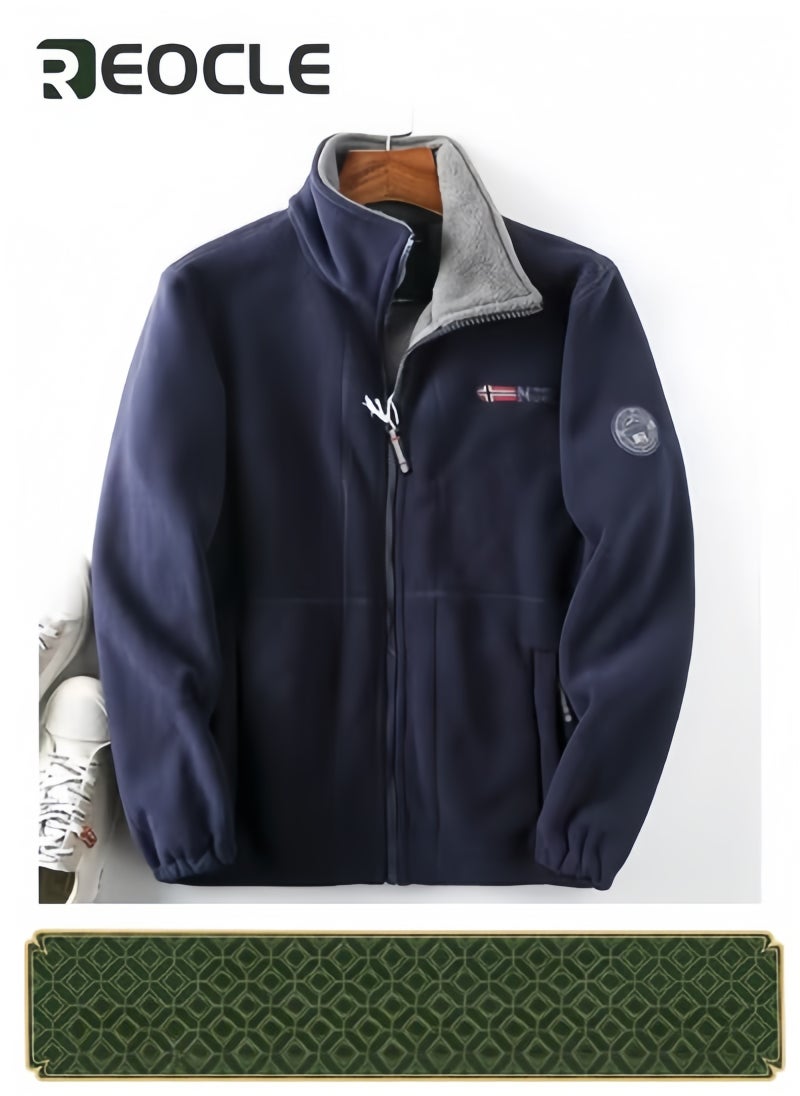 REOCLE Warm Sherpa Jacket for Men Winter Coats Outwear Winter Full-Zip Polar Fleece Sport Jacket with Pockets Unisex 360-Degree Ultra-Warm Sherpa Jacket Dark Blue  - Image 1