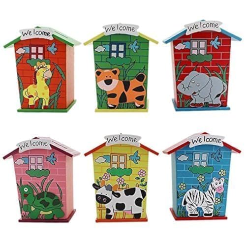 GOLD LEAF Return Gift Piggy Bank Wood House Animal Designs (1J251) - Pack of 6, Cottage, Multi-Coloured - Image 1