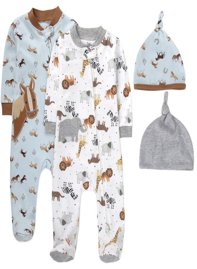 بيبي إيسينشيلز طقم بيجاما للأطفال الرضع من بيبي إسينشالز، مكون من 4 قطع - طقم نوم ولعب بسحاب بتصميم حصان وحيوانات سفاري مع تفاصيل مطرزة وقبعات متناسقة (3 أشهر) - Image 1