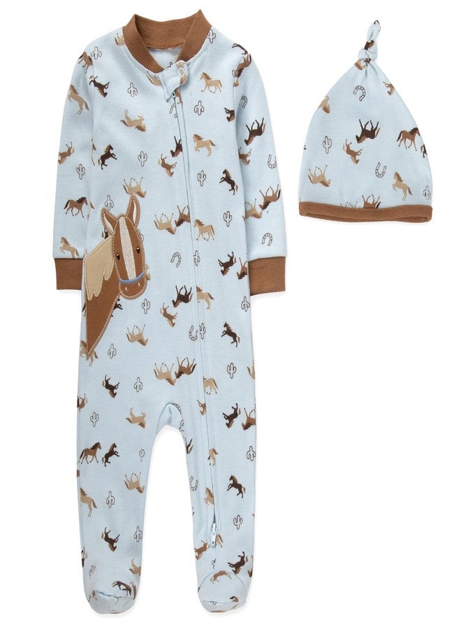 بيبي إيسينشيلز طقم بيجاما للأطفال الرضع من بيبي إسينشالز، مكون من 4 قطع - طقم نوم ولعب بسحاب بتصميم حصان وحيوانات سفاري مع تفاصيل مطرزة وقبعات متناسقة (3 أشهر) - Image 4