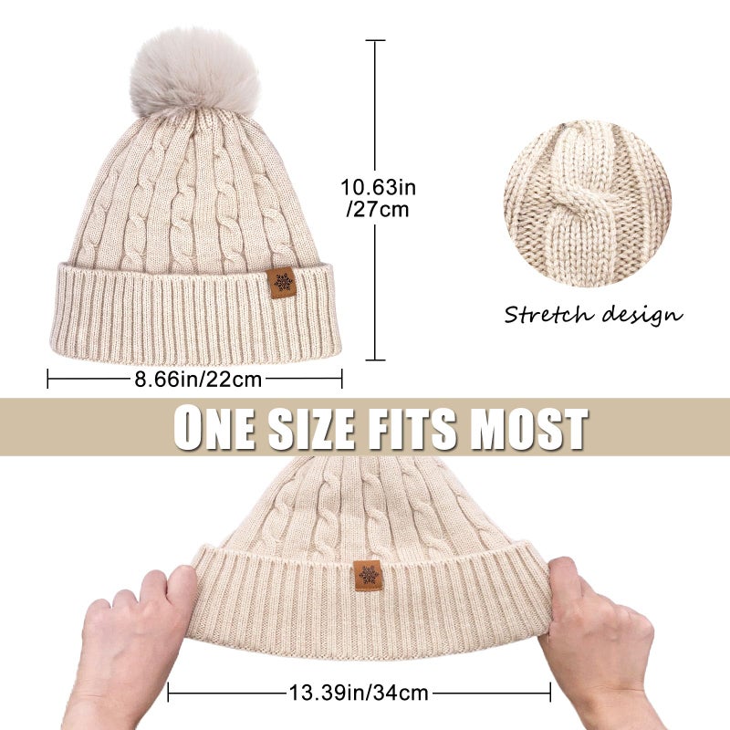 YUHAN PRETTY Winter Beanie Hats for Women Pom Pom Wool Cable Knit Thermal Fleece Warm Faux Fur Beanies for Cold Weather(Beige) - Image 2