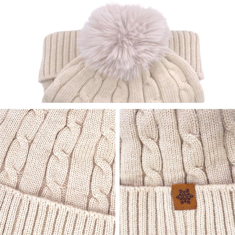 YUHAN PRETTY Winter Beanie Hats for Women Pom Pom Wool Cable Knit Thermal Fleece Warm Faux Fur Beanies for Cold Weather(Beige) - Image 4