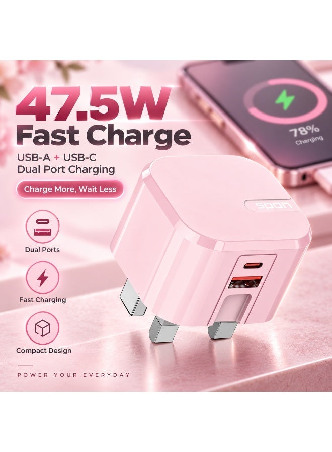 سبون شحن سريع بقدرة مجمعة 47.5 واط – شاحن حائط بمنفذي USB-C + USB-A، PD 25W وQC 22.5W ودعم PPS، وردي - Image 2