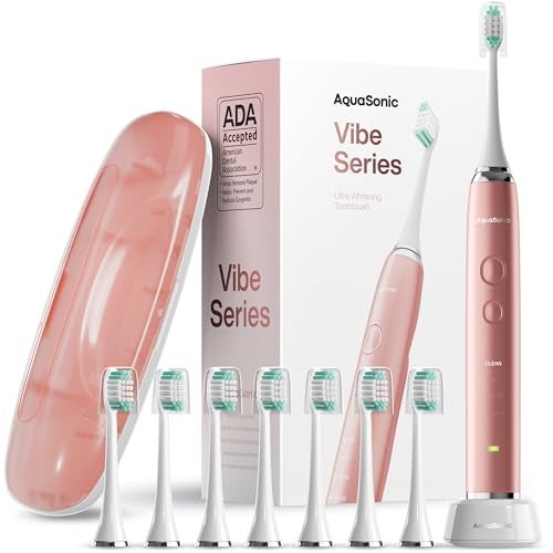 Aquasonic Vibe Series UltraWhitening Toothbrush ADA Accepted Electric Toothbrush 8 Brush Heads Travel Case 40000 VPM Motor Wireless Charging 4 Modes w Smart Timer Satin Rose Gold