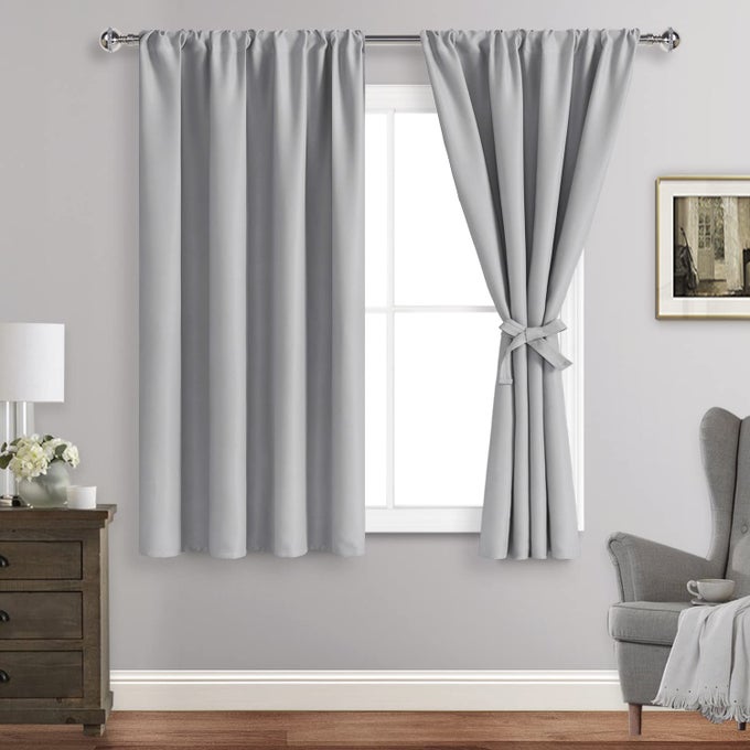 CURTAINS FOR BEDROOM THERMAL INSULATED BLACKOUT CURTAINS WITH TIEBACKS ROOM DARKENING DRAPES ROD POCKET CURTAINS FOR BEDROOM KIDS ROOM OFFICE 38 X 54 INCH LENGTH SILVER GREY