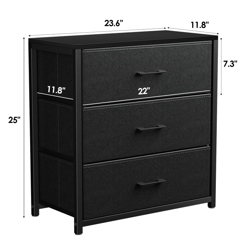 Memobarco Nightstand with 3 Drawers for Bedroom, Storage Dresser with Fabric Drawers and Metal Frame for Closet, Living Room, Bedside Table with Wood Top, Easy Pull Handle, Black - Image 2