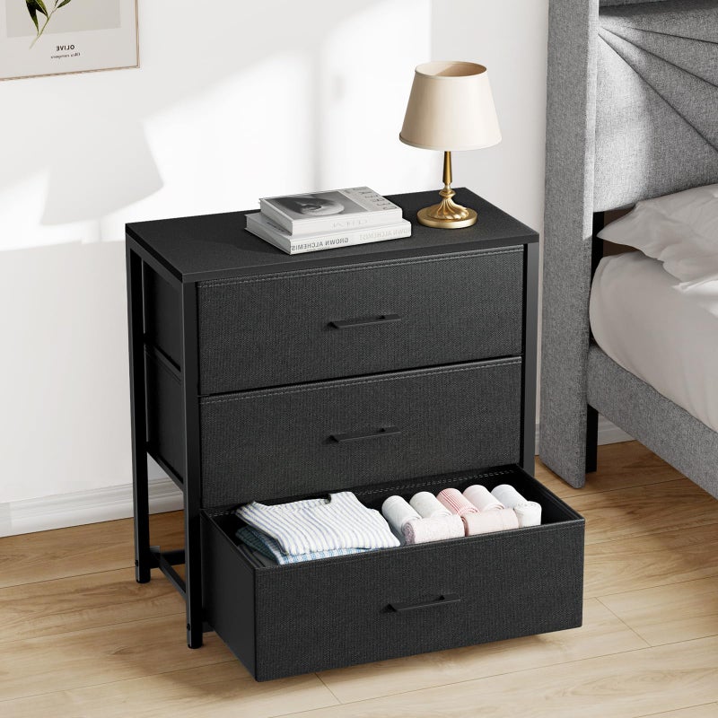 Memobarco Nightstand with 3 Drawers for Bedroom, Storage Dresser with Fabric Drawers and Metal Frame for Closet, Living Room, Bedside Table with Wood Top, Easy Pull Handle, Black - Image 1