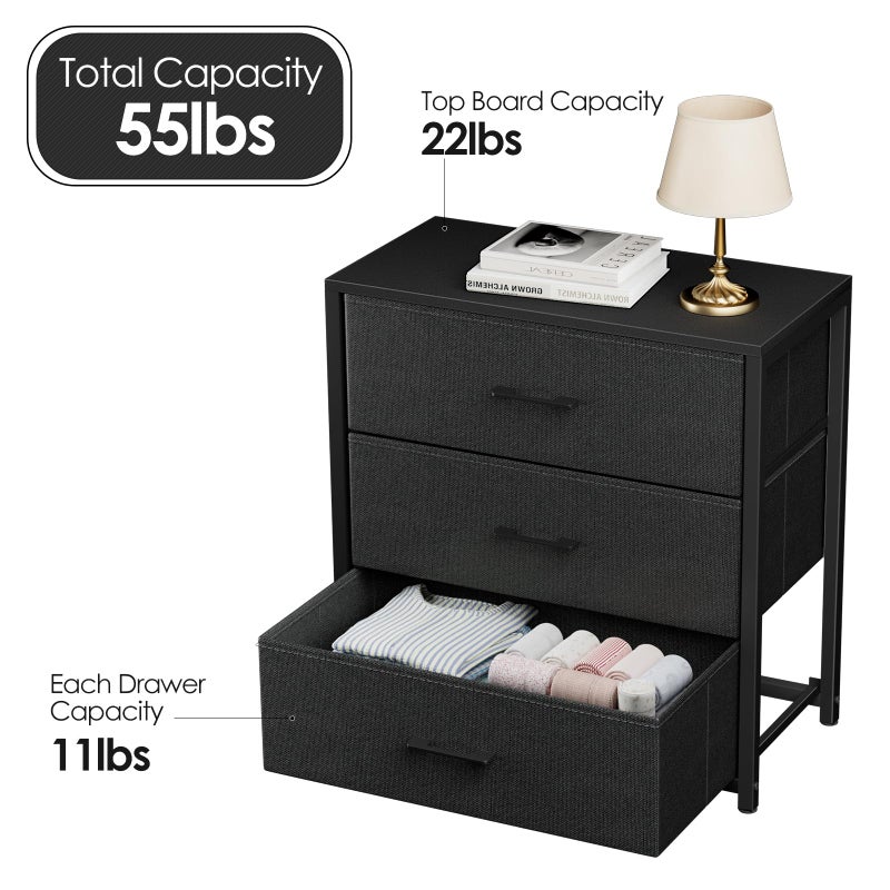 Memobarco Nightstand with 3 Drawers for Bedroom, Storage Dresser with Fabric Drawers and Metal Frame for Closet, Living Room, Bedside Table with Wood Top, Easy Pull Handle, Black - Image 3