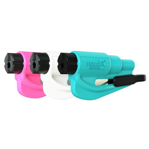 RESQME The Original Emergency Keychain Car Escape Tool, 2-in-1 Seatbelt Cutter and Window Breaker, Made in USA, Family Pack of 3, Pink, White, Teal - Compact Emergency Hammer - Image 1