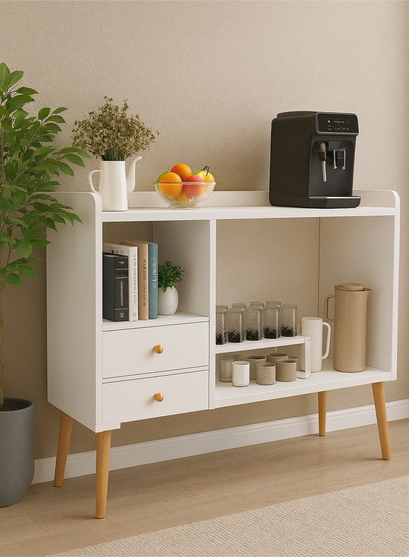 AGD Coffee Cabinet with Large Top, Open Shelves and 2 Storage Drawers 100x35x90 cm for Living Room or Office White - Image 1