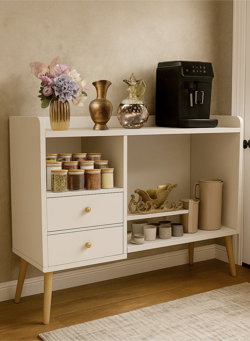 AGD Coffee Cabinet with Large Top, Open Shelves and 2 Storage Drawers 100x35x90 cm for Living Room or Office White - Image 2