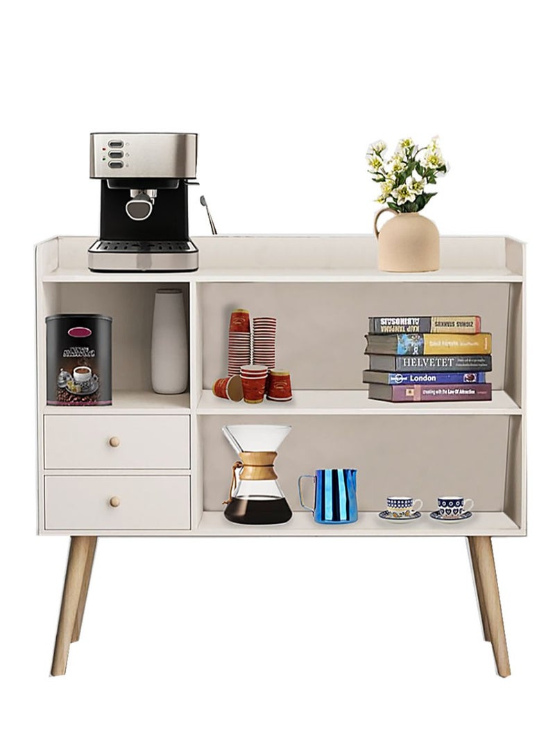 AGD Coffee Cabinet with Large Top, Open Shelves and 2 Storage Drawers 100x35x90 cm for Living Room or Office White - Image 1